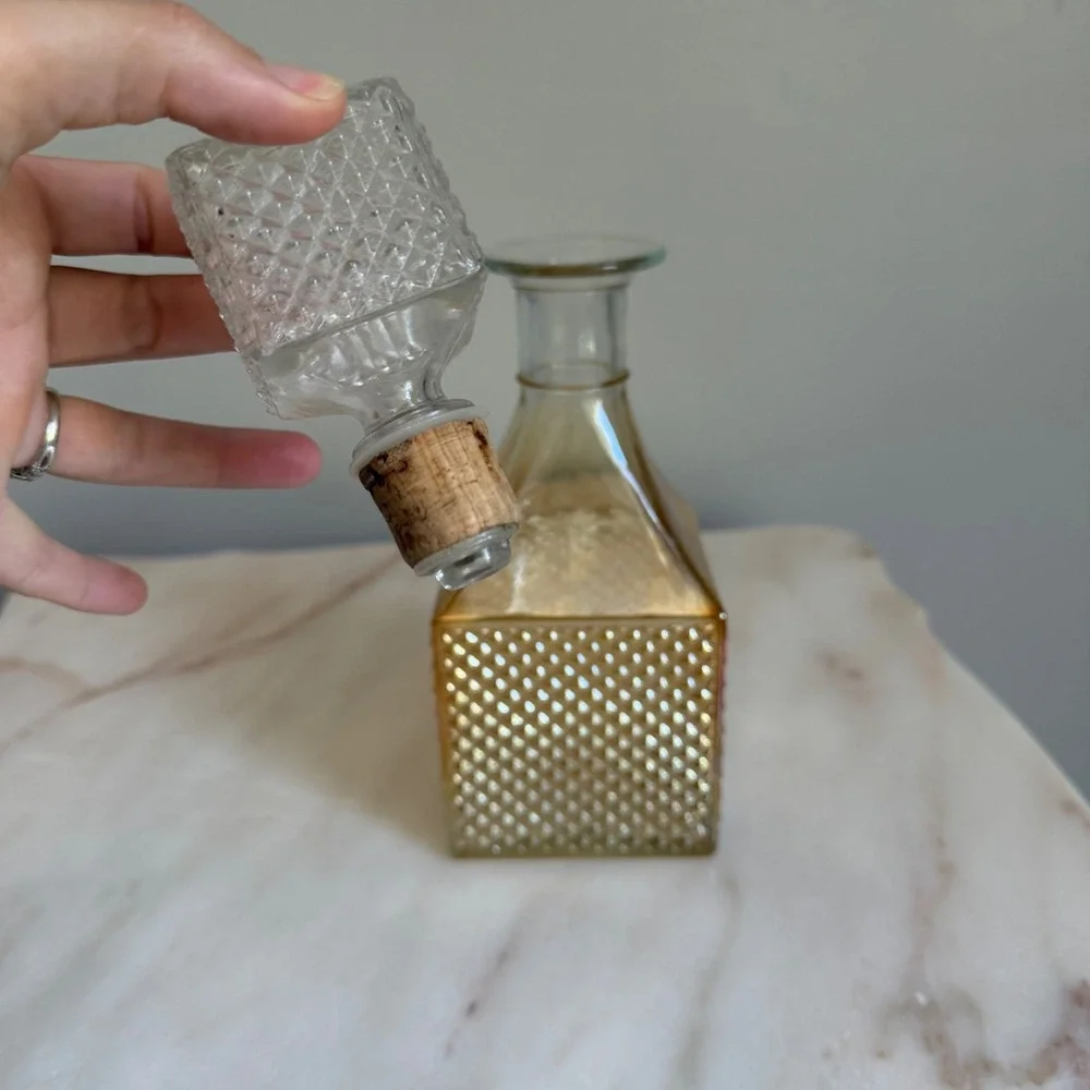 Vintage Amber Glass Decanter Square Diamond Point Hobnail Stopper Mid Century